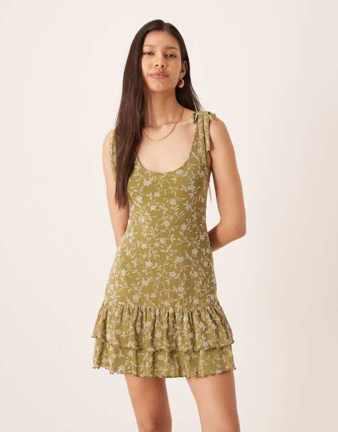 Motel mini dress with double ruffle hem in flocked olive floral - view 1
