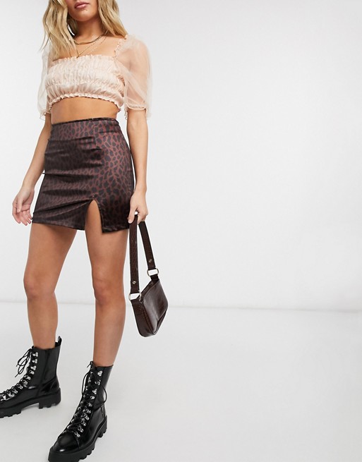 Motel mini skirt with thigh split in leopard co-ord