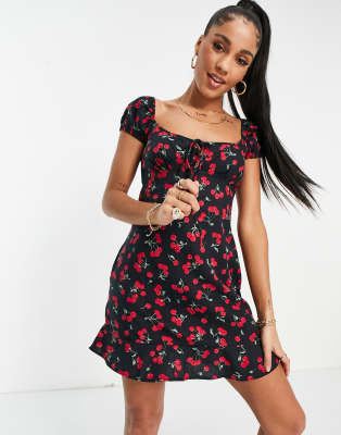 Motel Mini Tea Dress With Ruched Bust In Cherry Print-black In Black