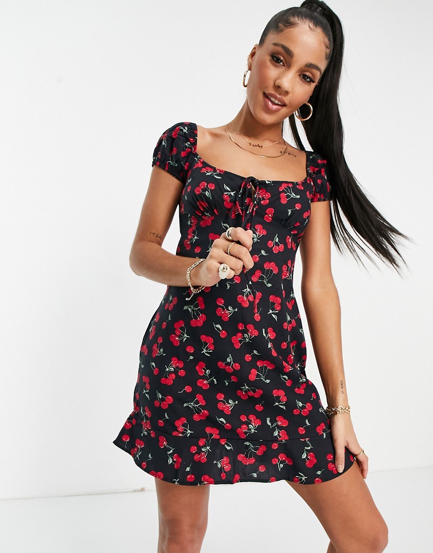 Motel mini tea dress with ruched bust in cherry print-Black