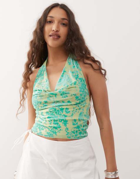 Motel Minova floral flocked cami top in green blue - view 1