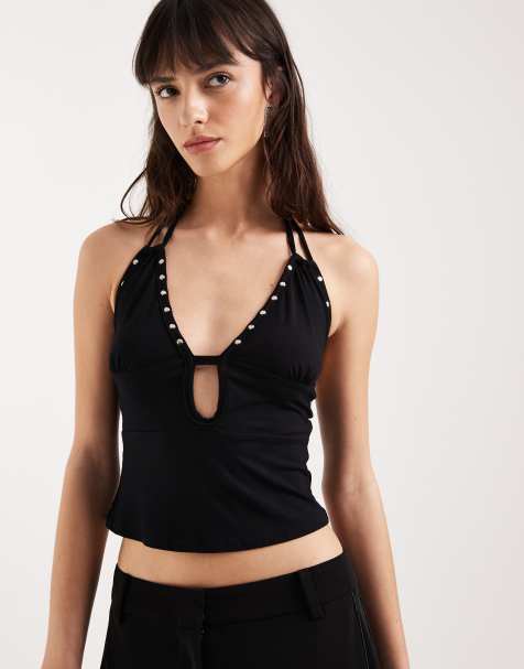 Motel Mioto keyhole studded halter cami top in black