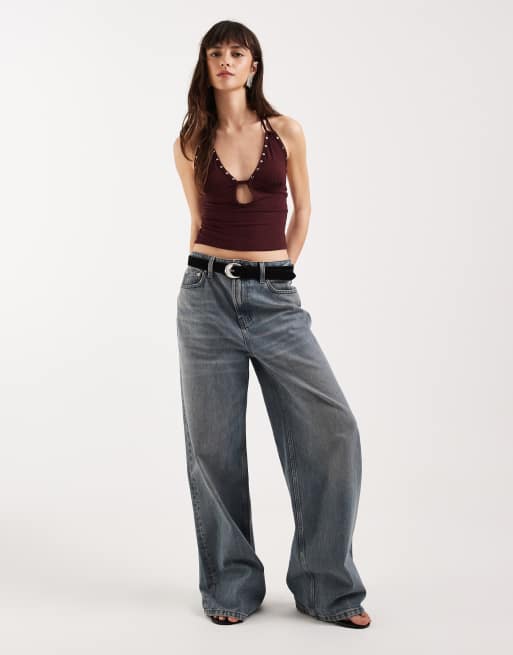 Motel Mioto keyhole studded halter cami top in dark plum, 2 of 4