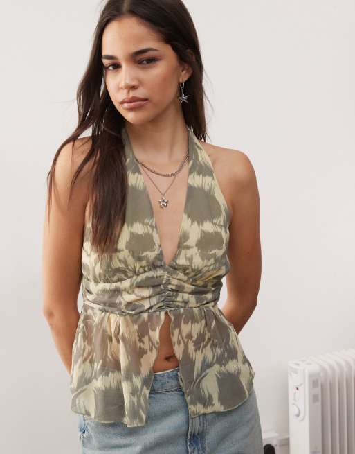 Motel miran wrap waist halter top in blurred floral yellow, 4 of 4