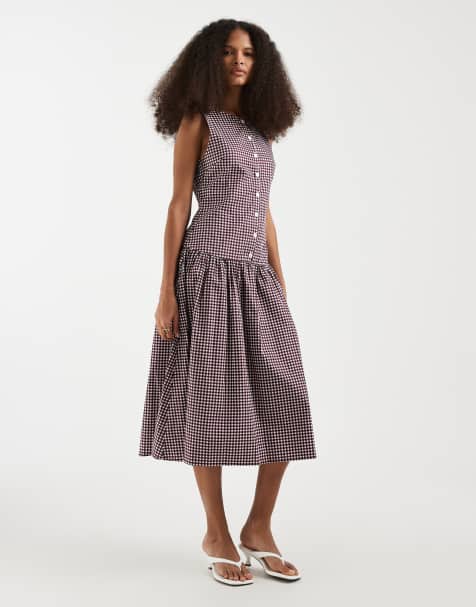 Motel Miriam drop waist midaxi button detail dress in wine gingham - view 1