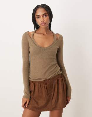 Motel Misora Sheer Knit Long Sleeve Halter Top In Brown