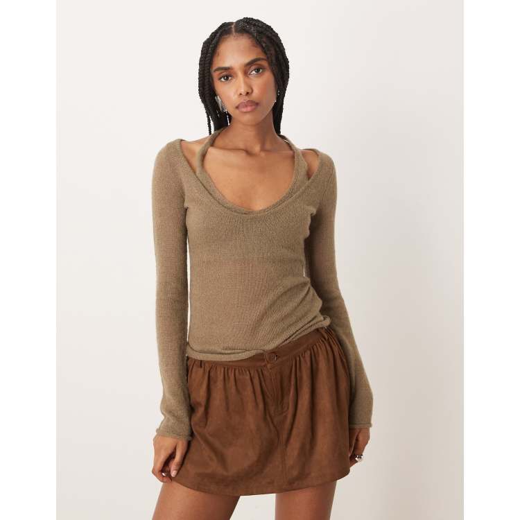 Motel Misora sheer knit long sleeve halter top in taupe | ASOS