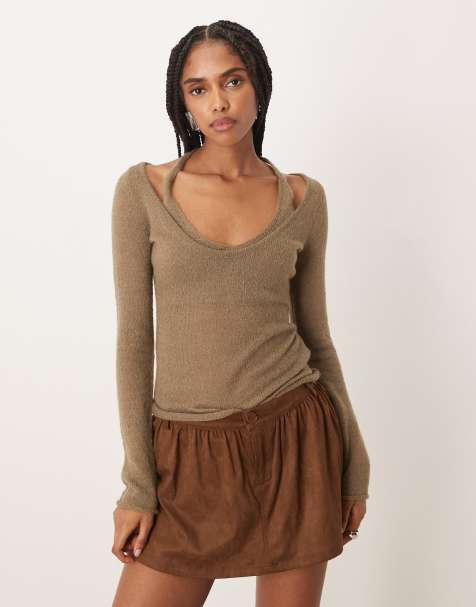 Motel Misora sheer knit long sleeve halter top in taupe