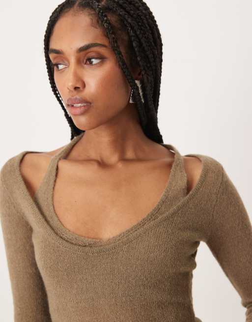 Motel Misora sheer knit long sleeve halter top in taupe, 3 of 4