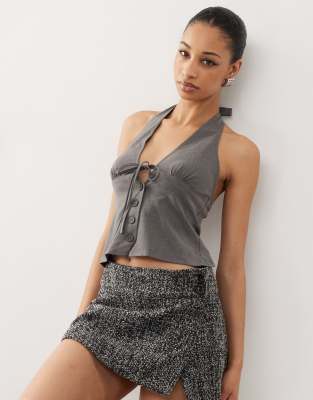 Motel miyuki tie front halterneck top in charcoal-Grey