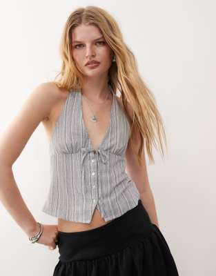 Motel Miyuki Woven Stripe Halter Top In Gray