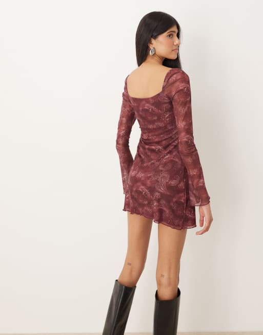 Motel Modena bardot paisley mini dress in plum ASOS