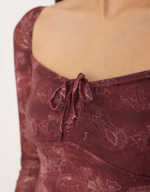 Motel Modena bardot paisley mini dress in plum, 4 of 4