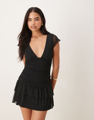 Motel Mowgli Flutter Sleeve Ruffle Dress In Black