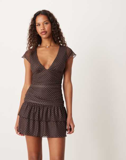 Motel Mowgli flutter sleeve ruffle dress in brown pink polka