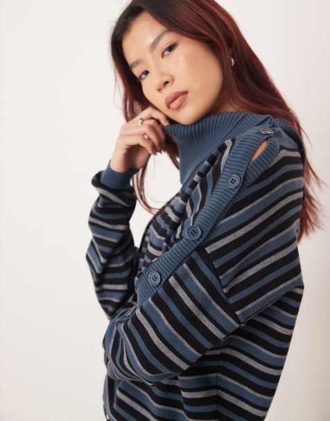 Motel Muniar striped knit asymetric collar jumper in blue