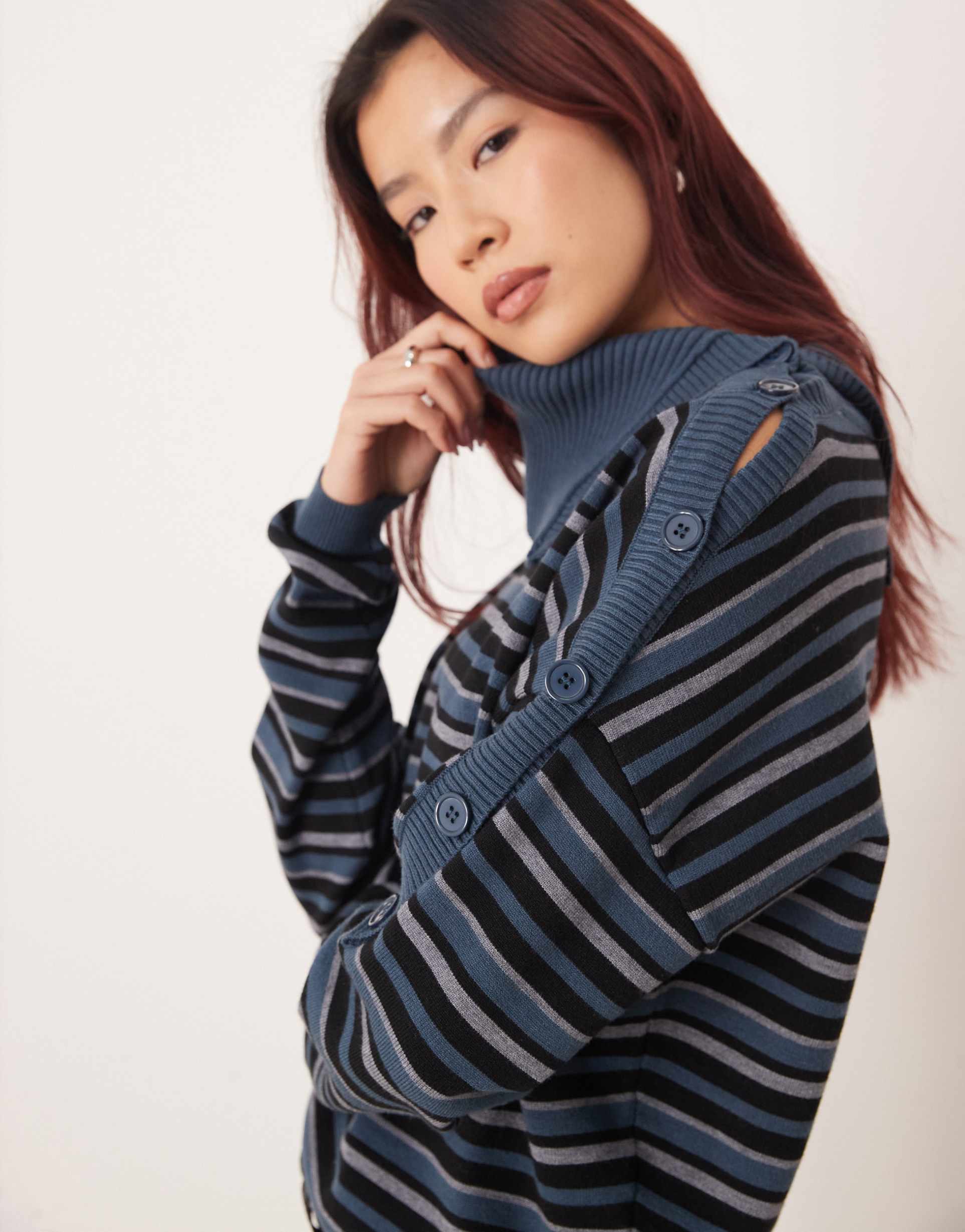 motel muniar striped knit asymmetric collar sweater in blue