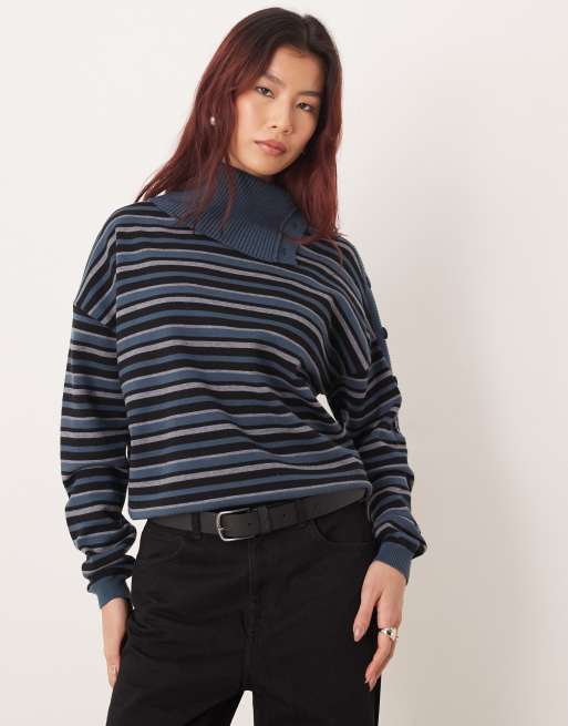 Motel Muniar striped knit asymmetric collar sweater in blue, 2 of 4