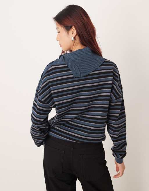 Motel Muniar striped knit asymmetric collar sweater in blue, 4 of 4