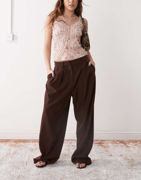 Motel nala slouchy wide leg low rise trousers in bitter chocolate