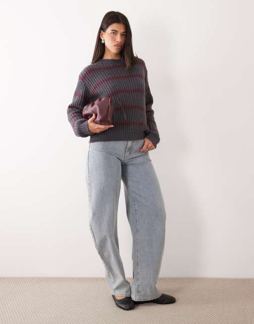 Motel namirta stripe crew neck jumper in charocal grey, 3 of 4