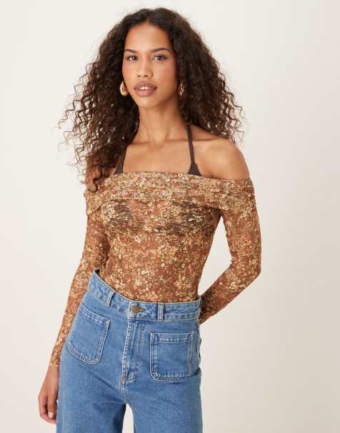Motel Nanila lace off-shoulder long sleeve top in brown - view 1