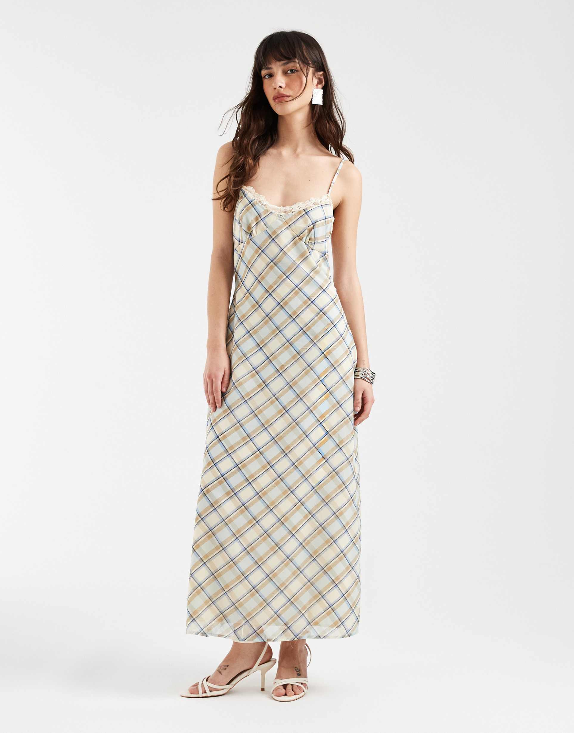 motel naska chiffon vintage check midaxi dress in blue
