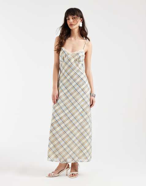 Motel Naska chiffon vintage check midaxi dress in blue