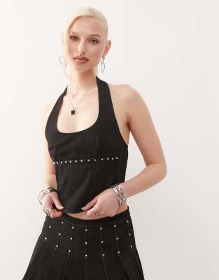 nasya studded halter top in washed black - part of a set