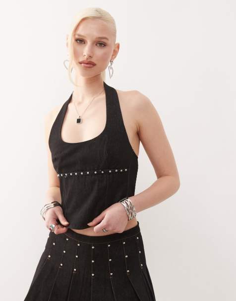 Motel nasya stud halter top co-ord in washed black