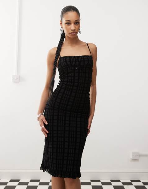 Motel nateda flocked check midi cami dress in black - view 1