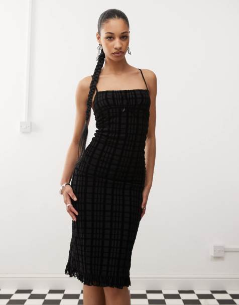Motel nateda flocked check midi cami dress in black - view 1