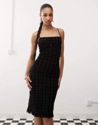 nateda flocked plaid midi cami dress in black