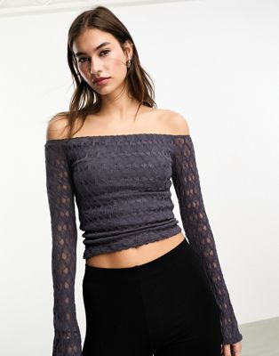 Motel neira lace off shoulder top in blue-grey