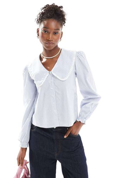 Motel nelcy striped collar detail blouse in light blue - view 1