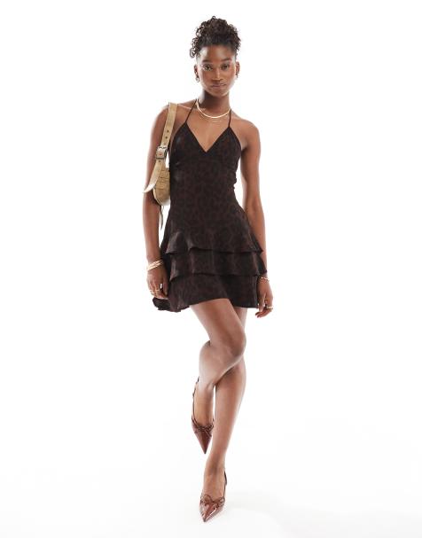 Motel nenita jaguar print ruffle mini dress in dark brown - view 1