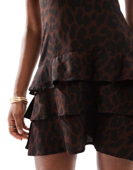 Motel nenita jaguar print ruffle mini dress in dark brown ASOS