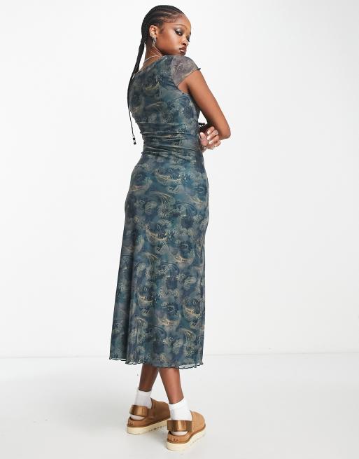 Motel – Netzstoff-Midikleid in Blau mit Paisleymuster und Schlüssellochausschnitt, 2 von 4