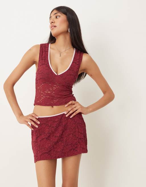 Motel Nidya co-ord lace mini skirt in burgundy, 2 of 5
