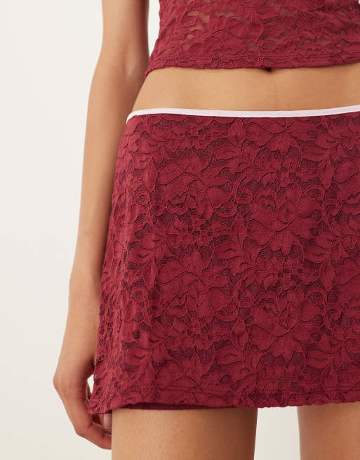 Motel Nidya co-ord lace mini skirt in burgundy, 3 of 5