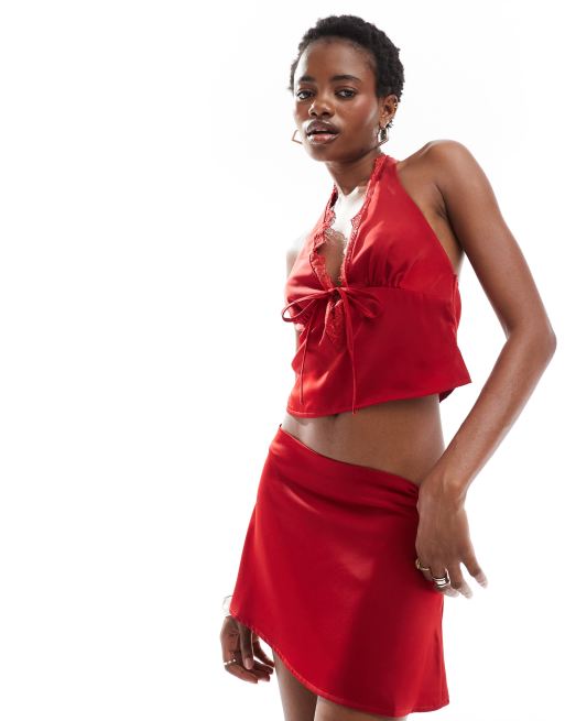 Motel nidya low rise satin mini skirt co ord in deep red ASOS