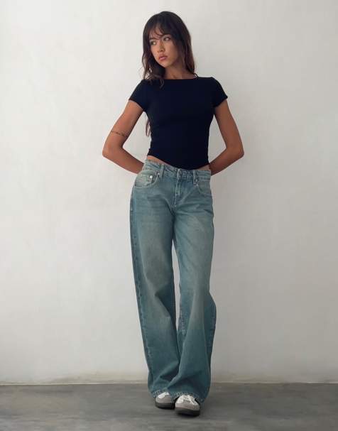 Motel parallel leg low rise jeans in vintage blue green