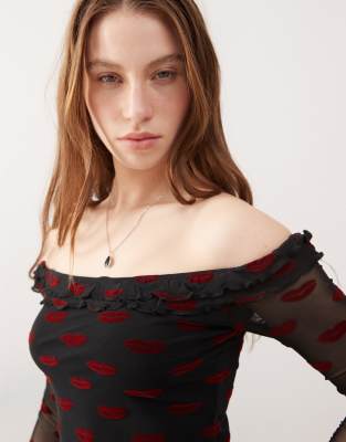Motel Nihal Flocked Lips Print Bardot Top In Black