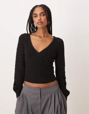 Motel Nilara Long Sleeve Pointelle Knit Top In Black