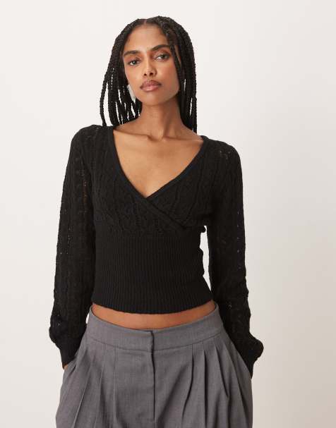 Motel Nilara long sleeve pointelle knit top in black