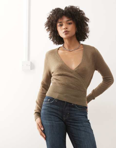 Motel Nilza wrap knit longsleeve top in taupe