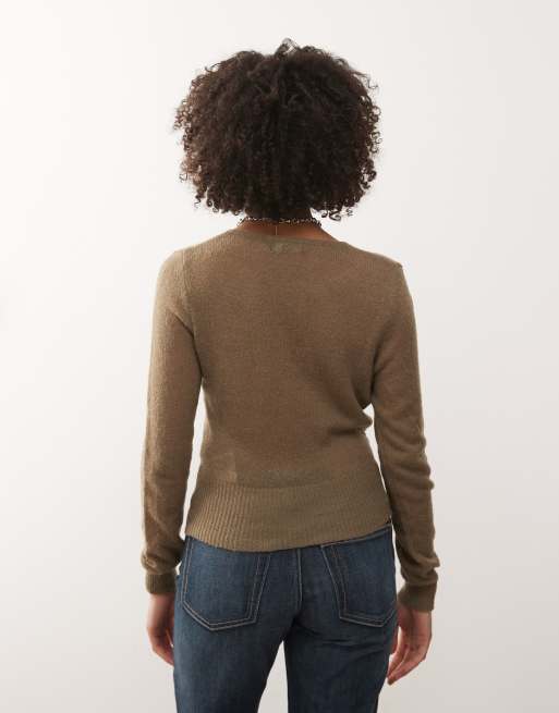 Motel Nilza wrap knit longsleeve top in taupe, 4 of 4