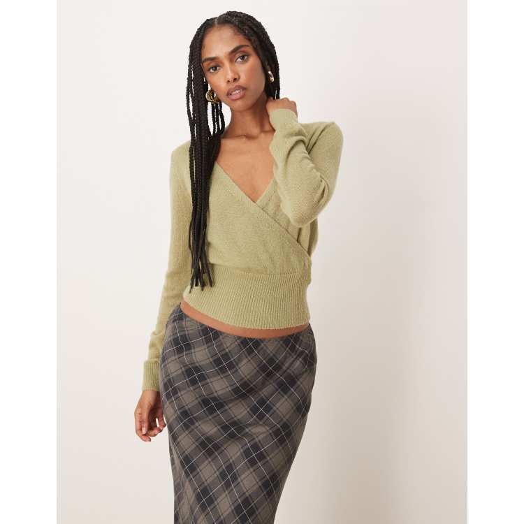 Motel Nilza wrap knit top in sage green | ASOS