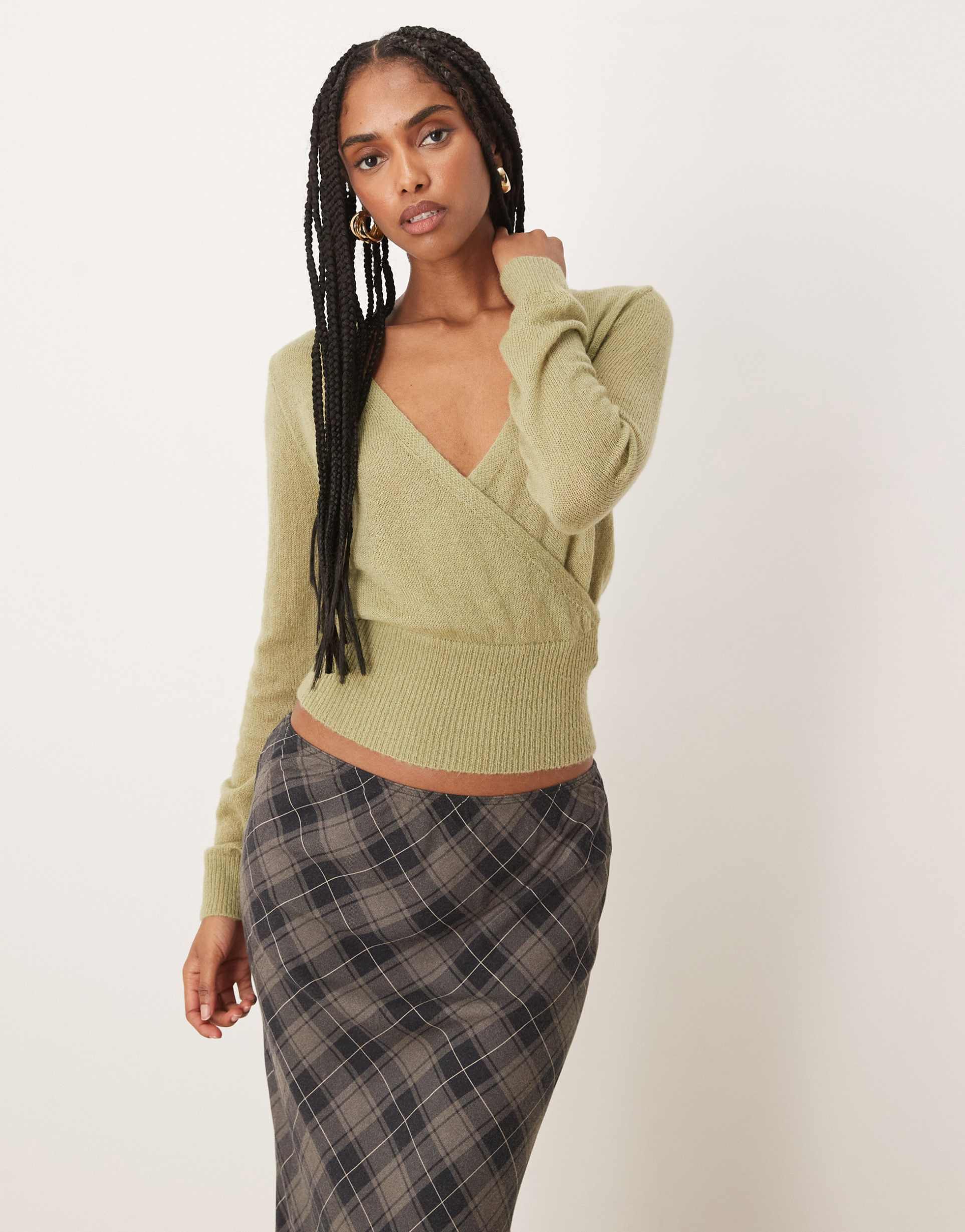 motel nilza wrap knit top in sage green