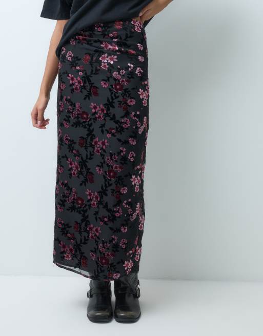 Motel nirbana devore floral maxi skirt in black, 2 of 5